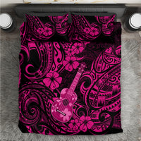 Pink and black Polynesian bedding duvet cover with guitar, flowers, and swirls pattern