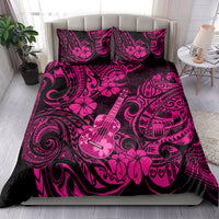 Pink and black Polynesian bedding set with guitar motif, floral swirls, and two pillowcases