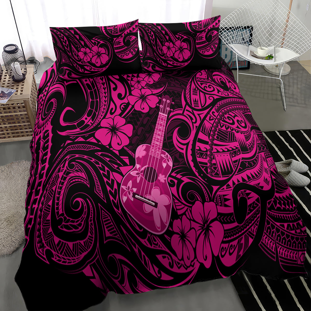 Pink and black Polynesian bedding set with guitar motif, flower prints, two pillowcases