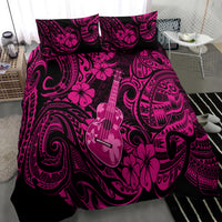 Pink and black Polynesian bedding set with guitar motif, flower prints, two pillowcases