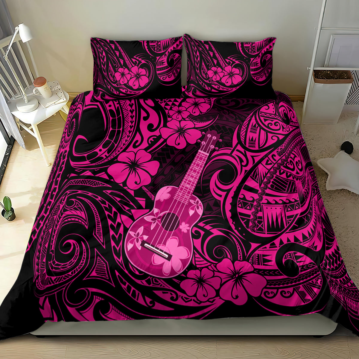 Pink and black Polynesian duvet set with guitar graphic, floral swirls, and two pillows