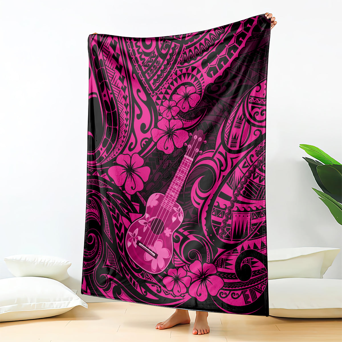 hawaii-ukulele-blanket-polynesian-pattern-pink-version