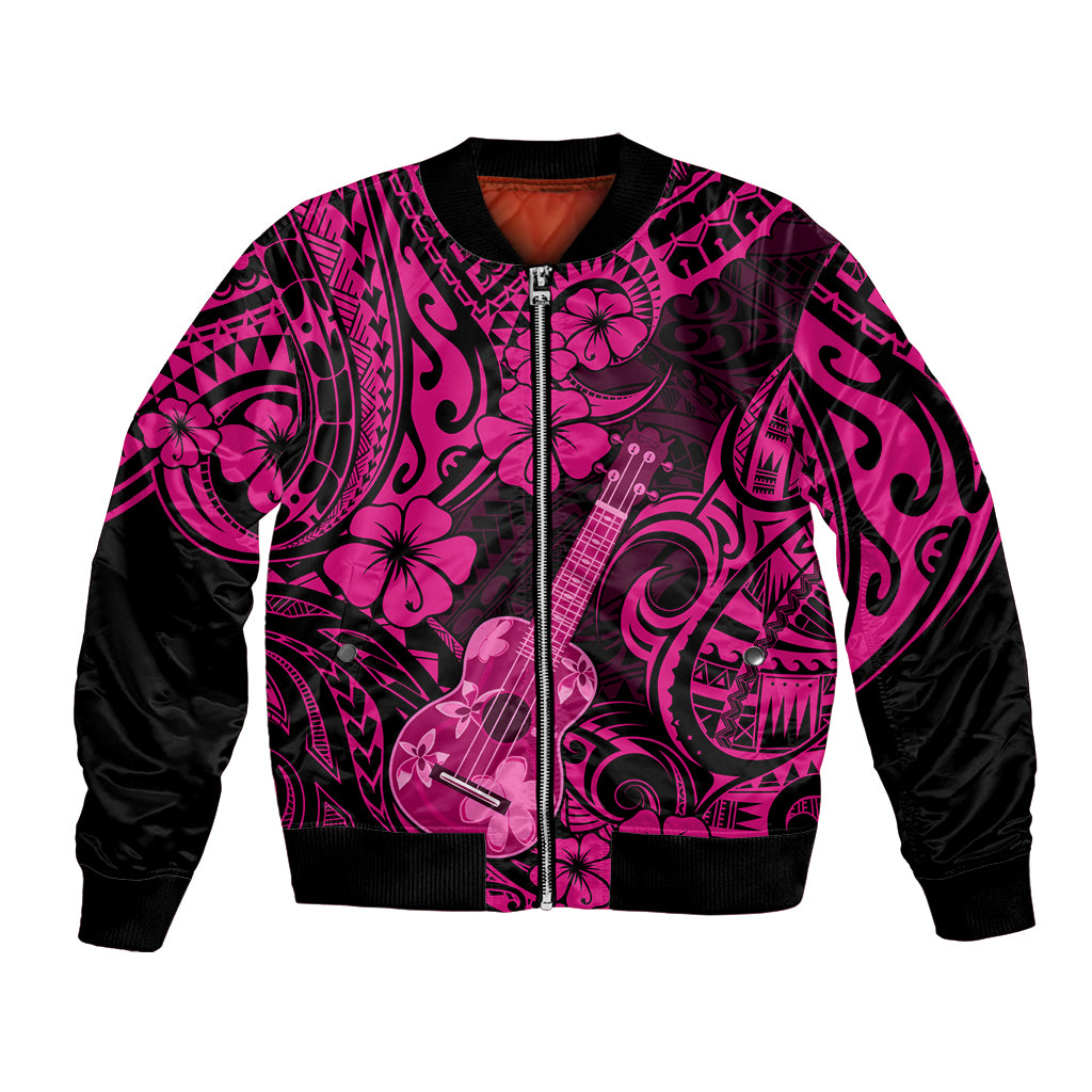 Pink unisex bomber jacket with black sleeves, zip front, bold Polynesian guitar and flower print