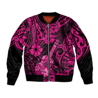 Pink unisex bomber jacket with black sleeves, zip front, bold Polynesian guitar and flower print