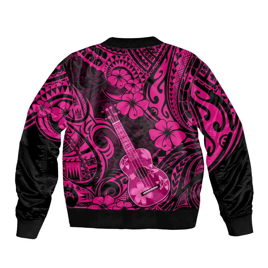 Pink unisex bomber jacket with black sleeves, ribbed hem, Polynesian guitar and flower allover print