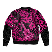 Pink unisex bomber jacket with black sleeves, ribbed hem, Polynesian guitar and flower allover print