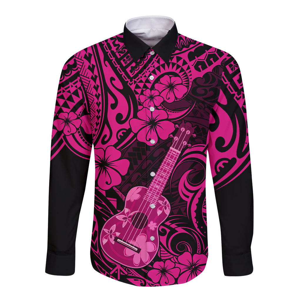 Long-sleeve button shirt, pink dark Hawaiian ukulele and hibiscus print