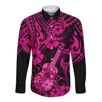 Long-sleeve button shirt, pink dark Hawaiian ukulele and hibiscus print