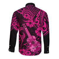 Long-sleeve button shirt back view, pink and dark Polynesian ukulele hibiscus print