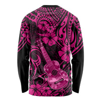 Unisex long-sleeve shirt pink with black back print ukulele and hibiscus flowers