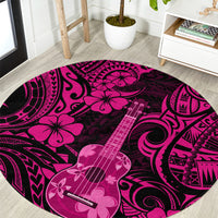 Round ukulele carpet with pink and black Polynesian pattern and floral graphics