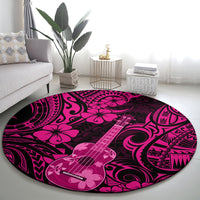 Round ukulele patterned carpet, pink and black Polynesian motifs with central guitar graphic