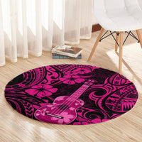 Round ukulele rug with pink floral Polynesian pattern and dark tribal ornament prints