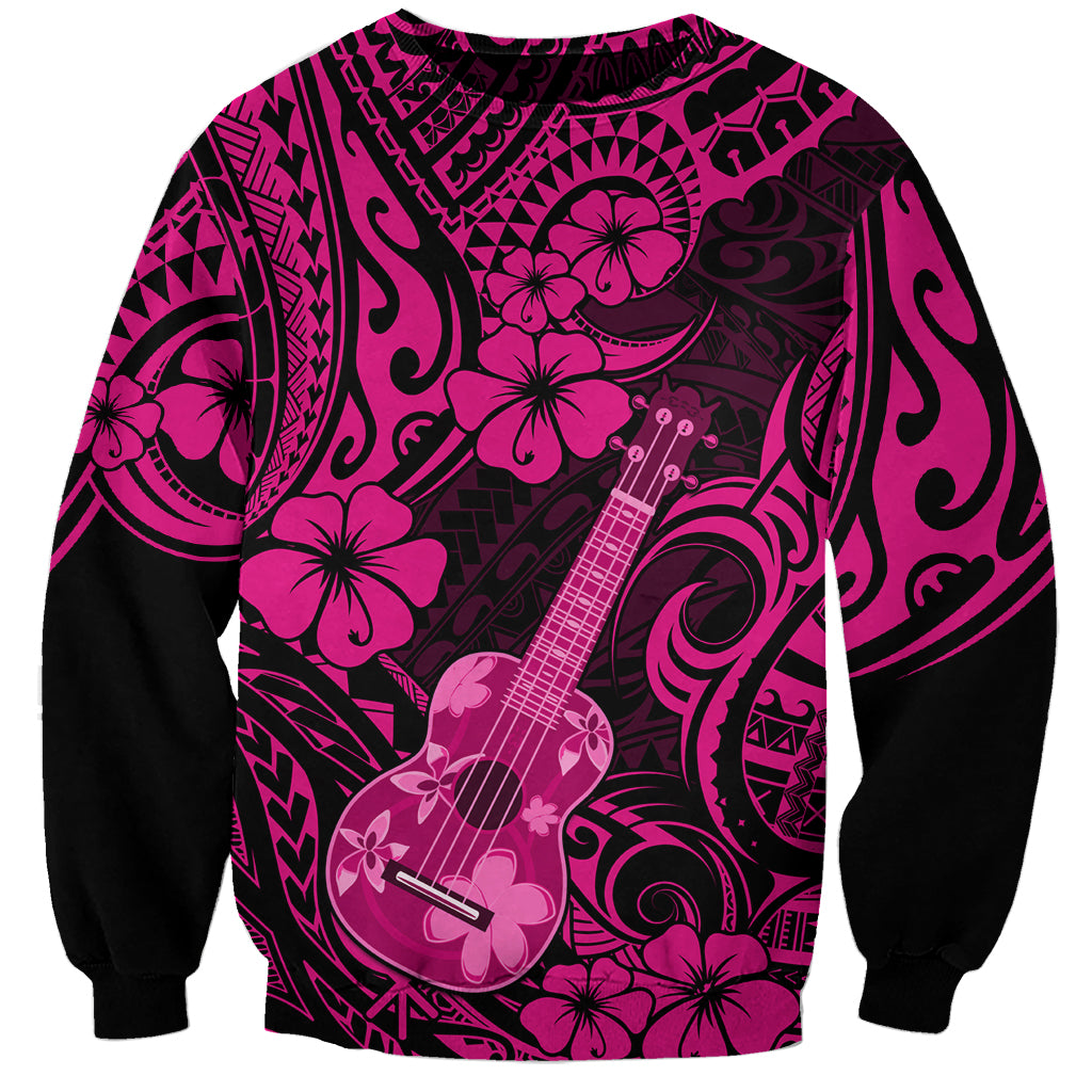 Unisex pink-and-black sweatshirt with centered ukulele illustration and tribal swirls
