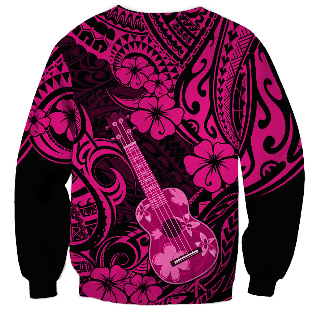 Unisex pink-and-black sweatshirt with ukulele graphic and Polynesian floral pattern