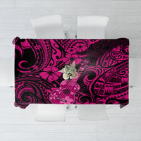 Pink and dark tablecloth with Polynesian hibiscus and swirl pattern, rectangular fold-over