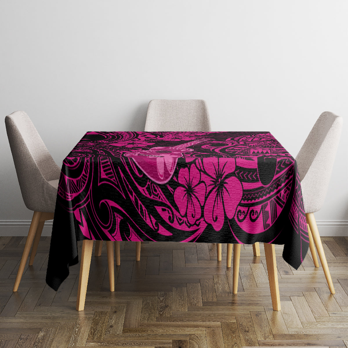 Pink and dark Polynesian-pattern tablecloth on a square table with corner overhang