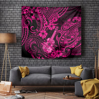 Pink and dark polynesian patterned tapestry with ukulele and floral motifs, wall hanging.