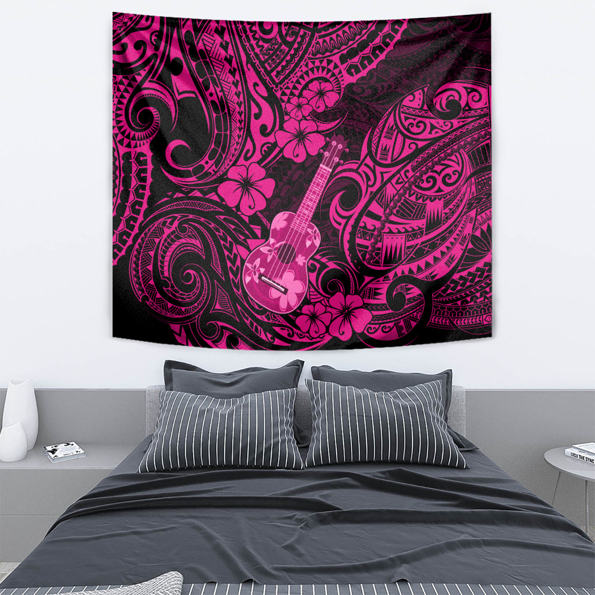 Pink and dark polynesian tapestry featuring a ukulele silhouette and hibiscus-like flowers.