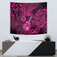 Pink polynesian tapestry with ukulele graphic and swirling tribal patterns, square wall hang.