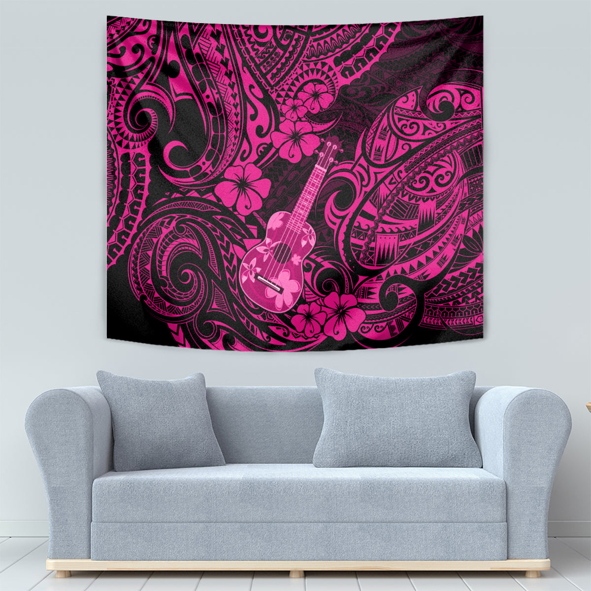 Pink and dark polynesian patterned tapestry with ukulele icon and flower details on square fabric.