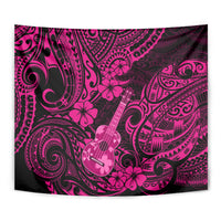 Close-up pink and dark polynesian tapestry showing ukulele shape and floral swirl patterns.