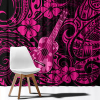Pink and black patterned window curtain close-up with ukulele and floral swirls