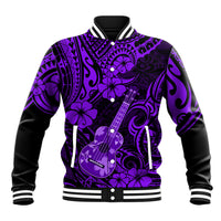 Purple baseball jacket with button front, ribbed collar and cuffs, floral guitar pattern
