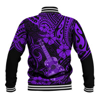 Purple baseball jacket back view with ribbed hem, bold guitar and flower polynesian pattern