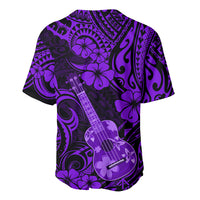 Purple and black Hawaiian baseball jersey with ukulele, hibiscus flowers, and swirl pattern