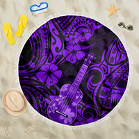 Purple round beach blanket with fringe edge, Polynesian pattern and ukulele graphic