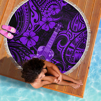 Purple round beach blanket with fringe trim, Polynesian swirls and ukulele center
