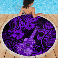 Purple round beach blanket with fringe edge, Polynesian hibiscus and ukulele print