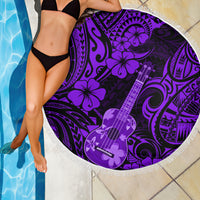 Purple round beach blanket with fringe trim, Polynesian ukulele and floral motifs