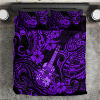 Purple Hawaiian bedding set with ukulele and tribal floral pattern, matching pillowcases