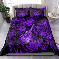 Purple Hawaiian bedding set featuring ukulele and tribal floral print on comforter, two pillows