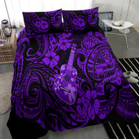 Purple bedding set with ukulele and Polynesian tribal swirl pattern over bed