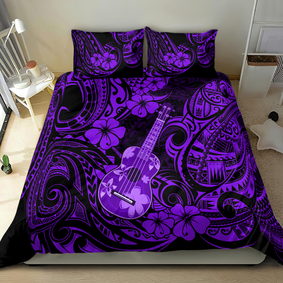 Purple Hawaiian bedding set with ukulele, hibiscus-like flowers, and dark tribal motifs