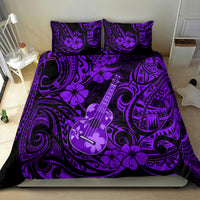 Purple Hawaiian bedding set with ukulele, hibiscus-like flowers, and dark tribal motifs