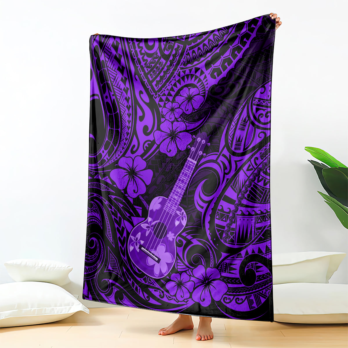 Purple polynesian pattern ukulele blanket with floral motifs and musical instrument design