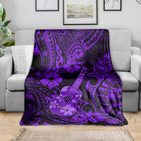Purple ukulele blanket with polynesian pattern, hibiscus flowers, and guitar illustration