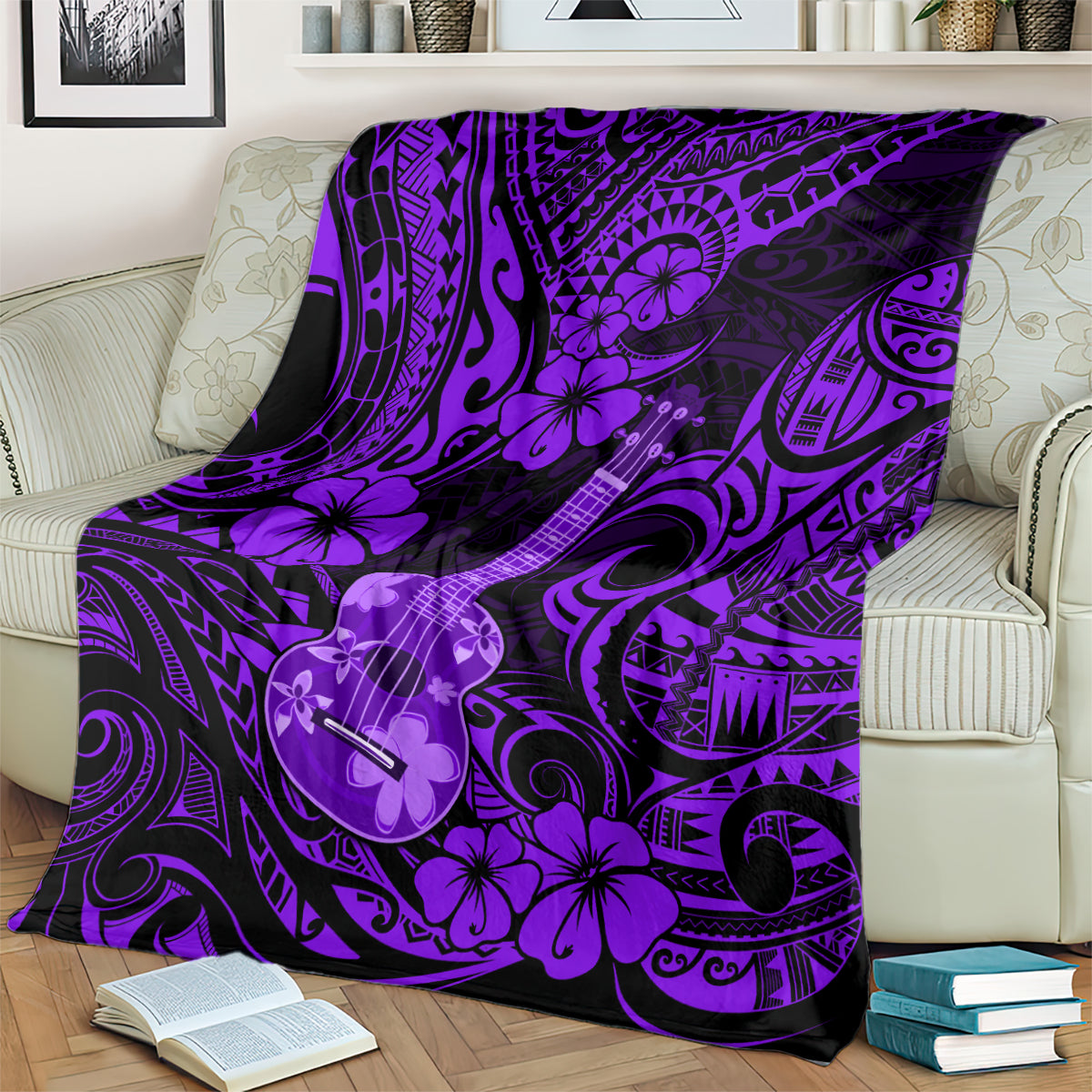 Purple polynesian ukulele throw blanket featuring floral print and swirling tribal shapes