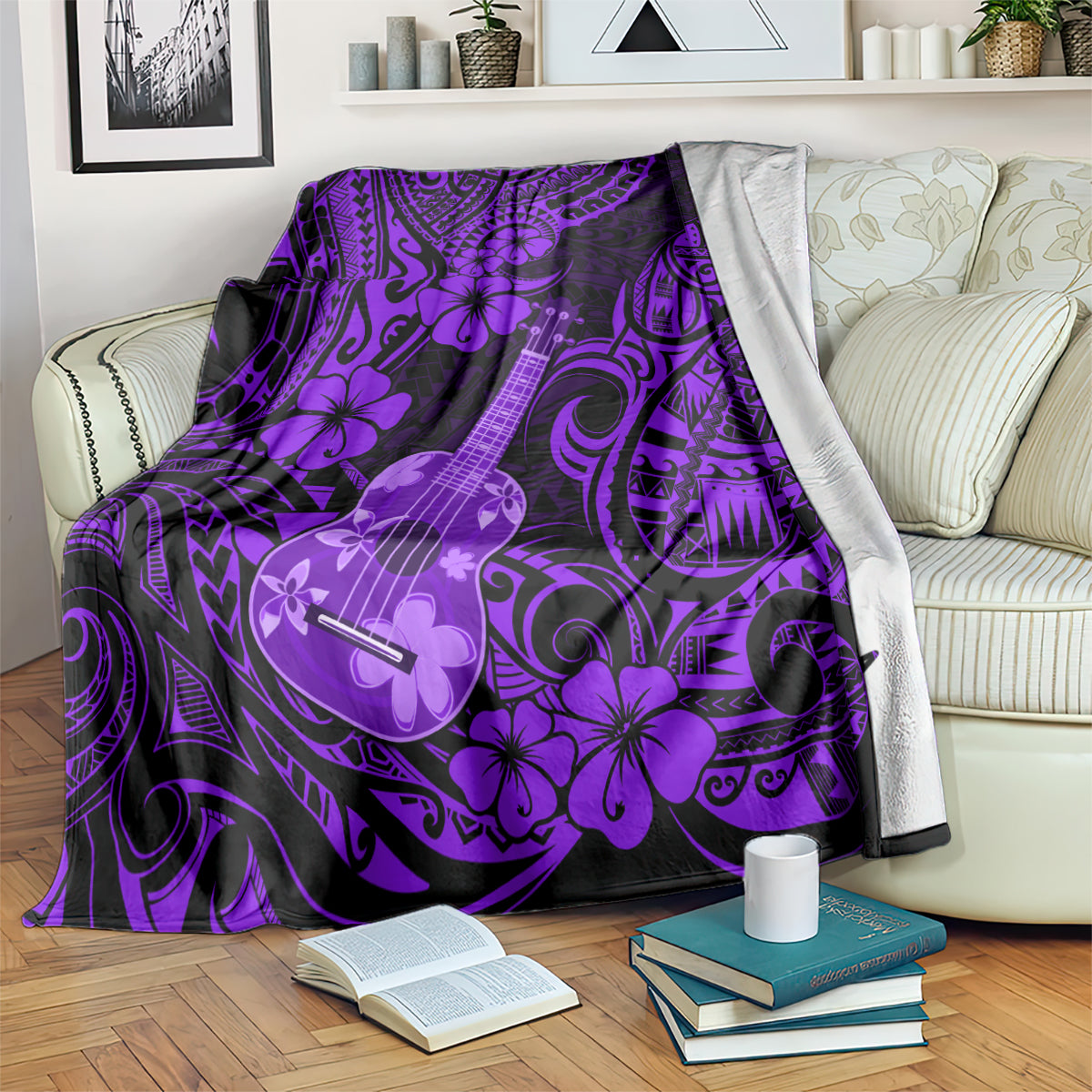 Purple ukulele blanket with floral and tribal swirl pattern, draped over couch
