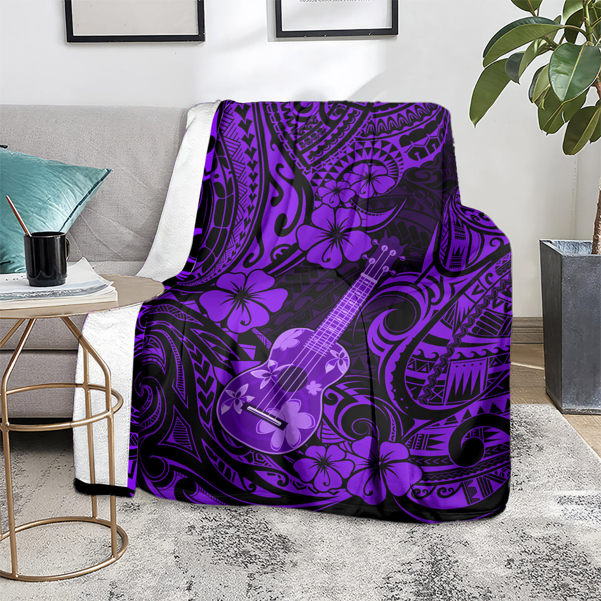 Purple polynesian pattern ukulele blanket draped on sofa chair with floral and music icons