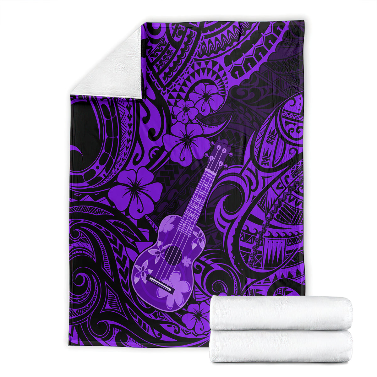 Purple polynesian ukulele blanket set shown with folded white towels