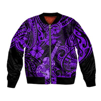 Unisex purple bomber jacket with polynesian floral and ukulele graphic, black sleeves