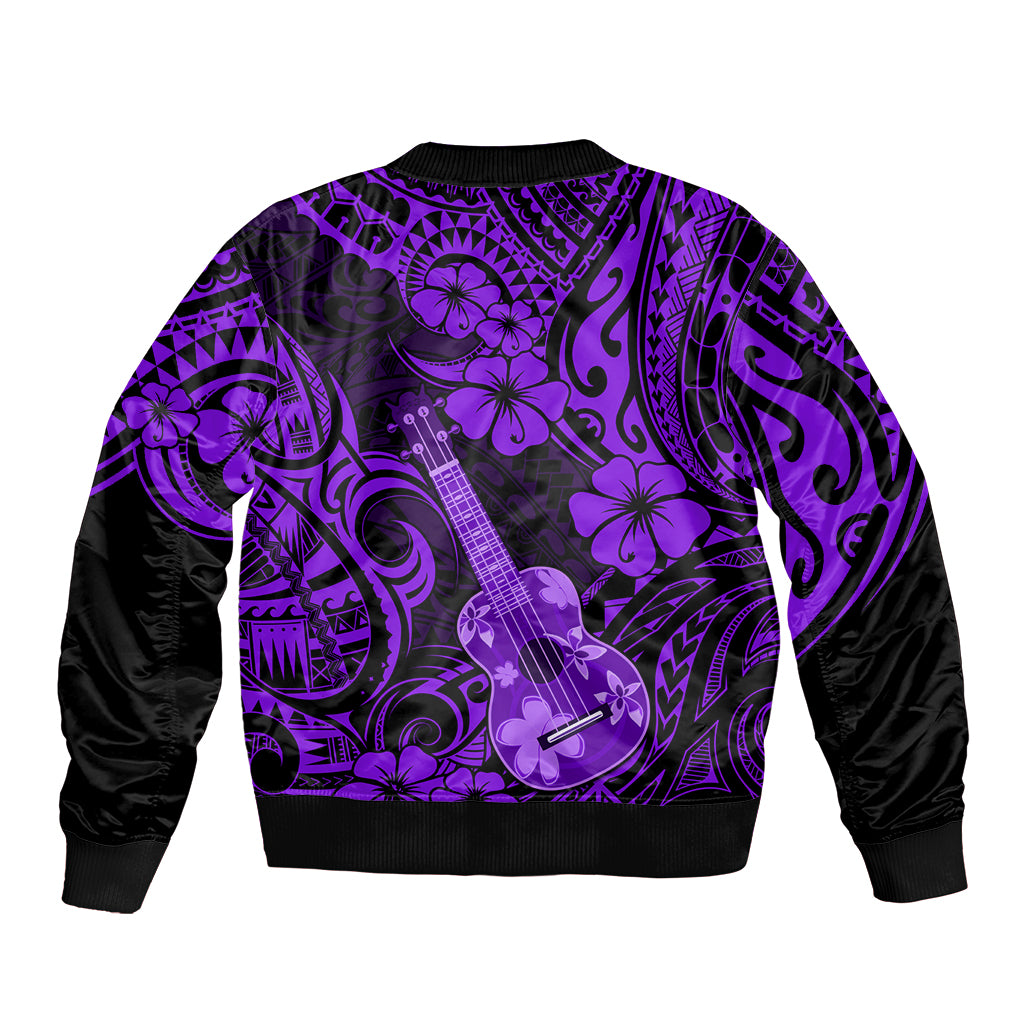 Purple bomber jacket front with polynesian patterns and ukulele graphics, black cuffs