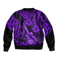 Purple bomber jacket front with polynesian patterns and ukulele graphics, black cuffs