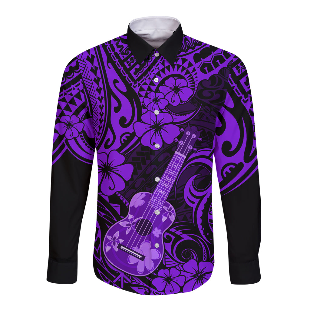 Purple long-sleeve button-up shirt with black ukulele and floral Polynesian pattern