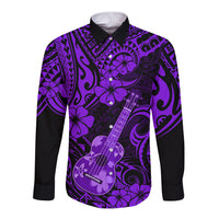 Purple long-sleeve button-up shirt with black ukulele and floral Polynesian pattern